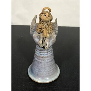 Art Pottery Bell 7" Tall Angel Light Blue Curly Hair Christmas Praying